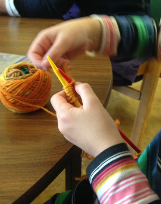 Six year old learning to knit