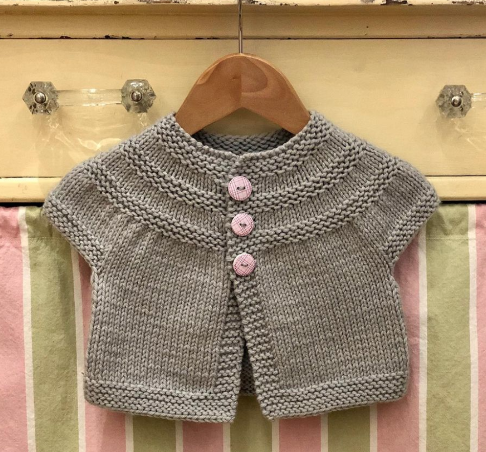Threes Baby Cardigan in Rosy Green Wool